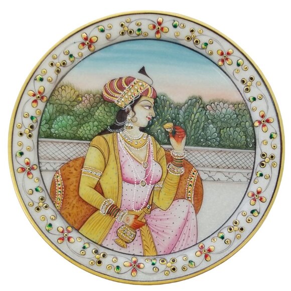 VTG Ornate Lady on Marble Hand Painted Decorative 9" Plate in Red Velvet - Picture 2 of 9